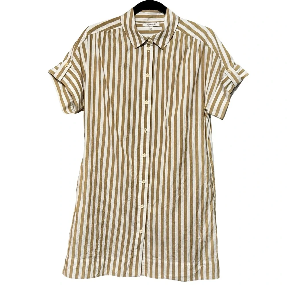 Madewell Collared Button Front Mini Tan Striped Cotton Poplin Shirt Dress XS - Picture 5 of 15